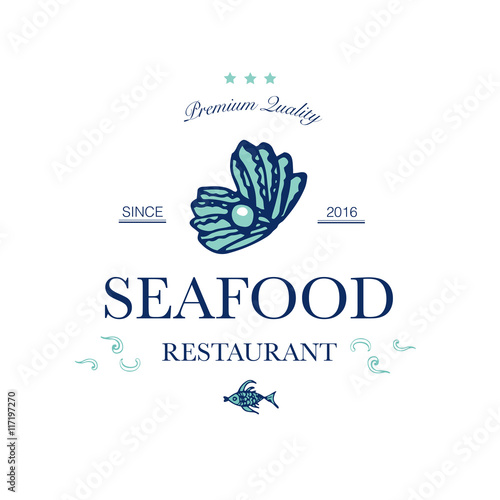 Seafood restaurant and seafood menu identity - Logo with sea shell and pearl. Vector Illustration