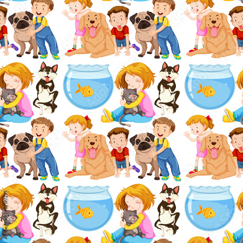 Seamless background with kids and pets