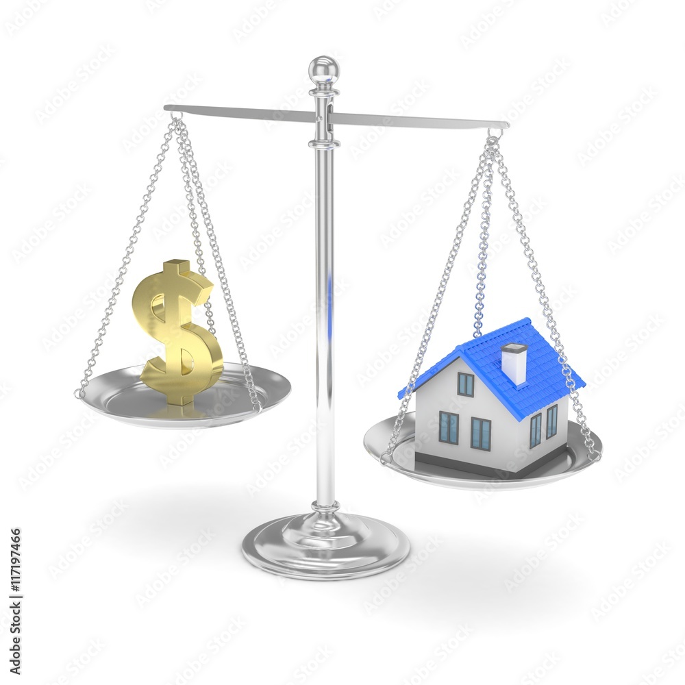 Isolated silver scales with golden dollar and house on white background. Investment or savings concept. Real estate and currency. 3D rendering. Isolated silver scales with golden dollar and house on white background. Investment or savings concept. Real estate and currency. 3D rendering.