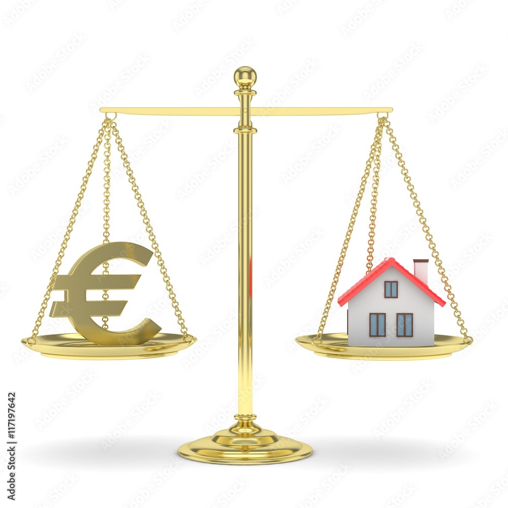 Isolated golden scales with golden euro and house on white background. Investment or savings concept. Real estate and currency. 3D rendering. Isolated golden scales with golden euro and house on white background. Investment or savings concept. Real estate and currency. 3D rendering.