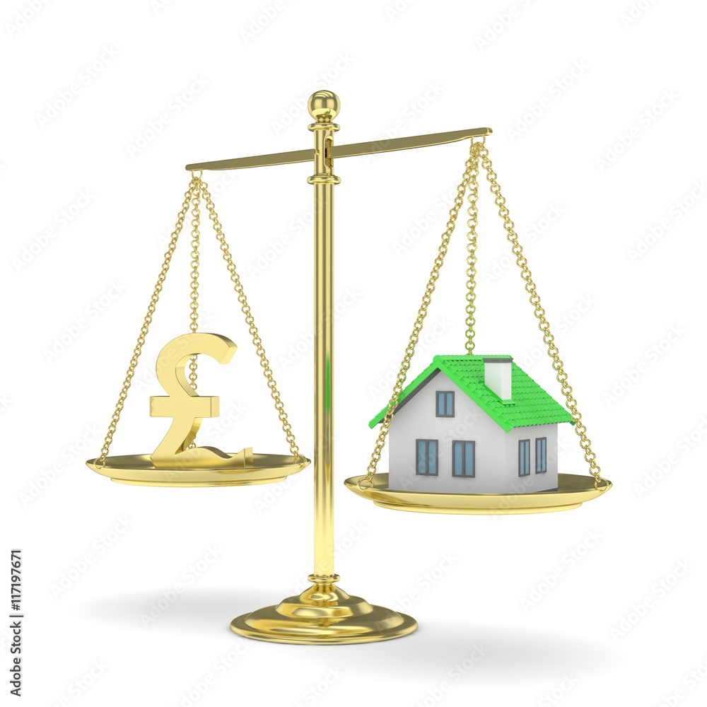 Isolated golden scales with golden pound and house on white background. Investment or savings concept. Real estate and currency. 3D rendering. Isolated golden scales with golden pound and house on white background. Investment or savings concept. Real estate and currency. 3D rendering.