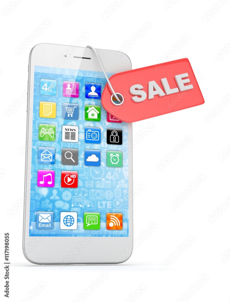 White smart phone with red sale label on white background. Best offer. Leader of sales. 3D rendering.