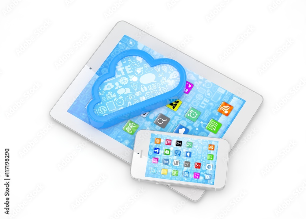 tablet pc, smart phone and cloud. 3d rendering. tablet pc, smart phone and cloud. 3d rendering.