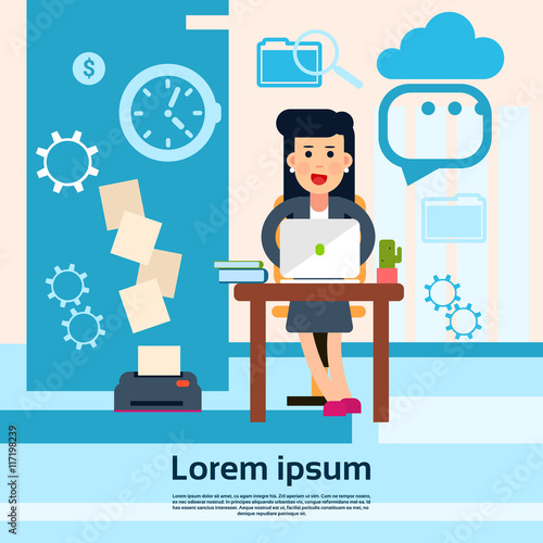 Business Woman Sitting Desk Office Working Place Laptop