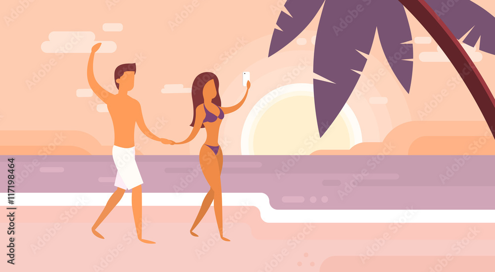 Couple On Summer Vacation Holiday Tropical Ocean Island Sunset With Palm Tree