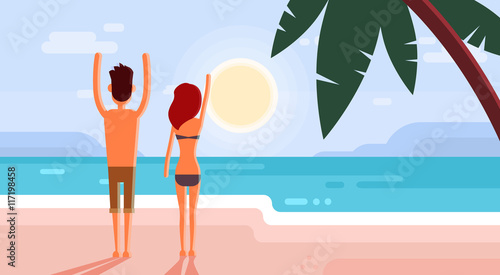 Couple On Summer Vacation Holiday Tropical Ocean Island Sunset With Palm Tree