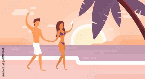 Couple On Summer Vacation Holiday Tropical Ocean Island Sunset With Palm Tree