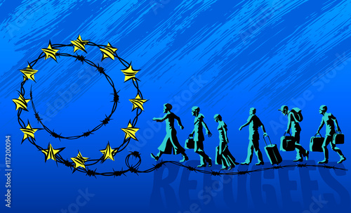 Refugees are going on the road with barbed wire and the EU stars. The concept of illegal immigration. Vector illustration.