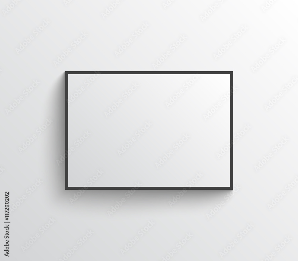 White empty poster with frame mock-up on grey wall