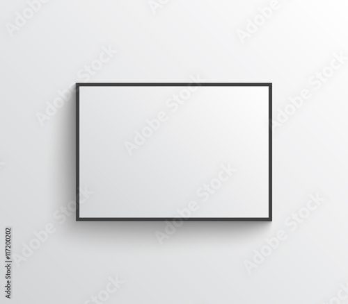 White empty poster with frame mock-up on grey wall