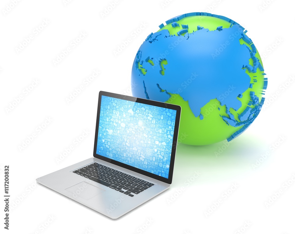 Laptop network and earth globe. 3d render Laptop network and earth globe. 3d render