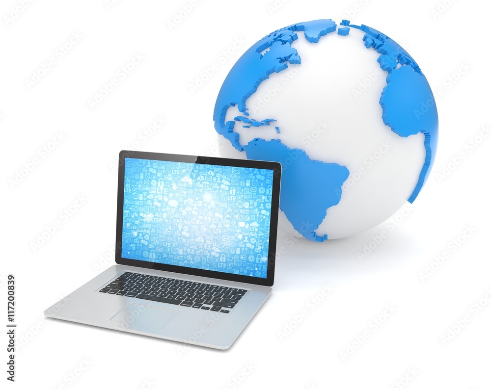 Laptop network and earth globe. 3d render Laptop network and earth globe. 3d render