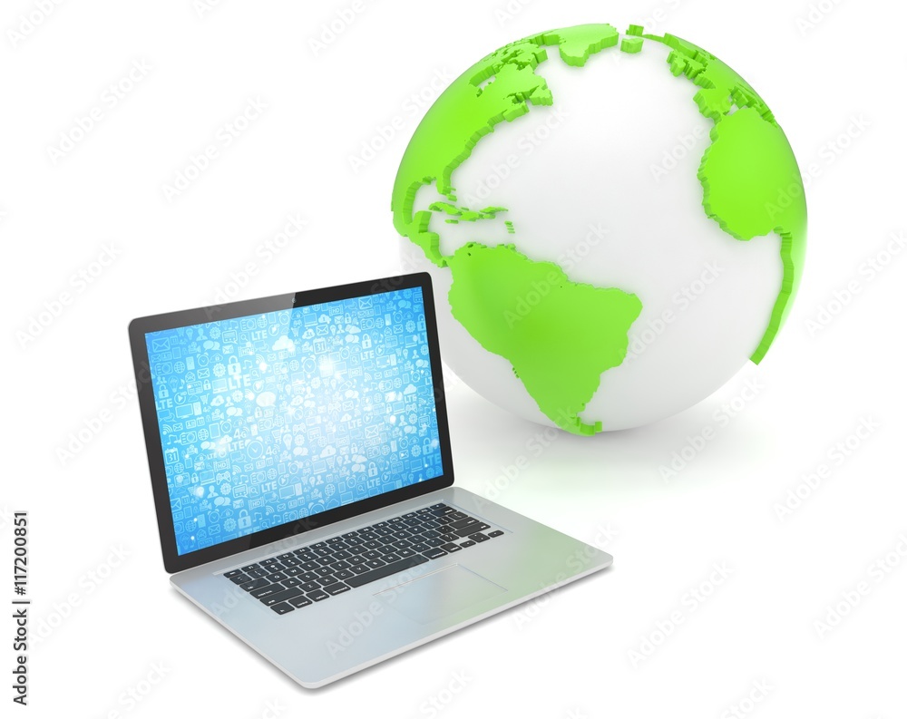 Laptop network and earth globe. 3d render Laptop network and earth globe. 3d render