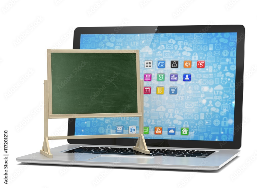 Laptop with chalkboard, online education concept. 3d rendering. Laptop with chalkboard, online education concept. 3d rendering.