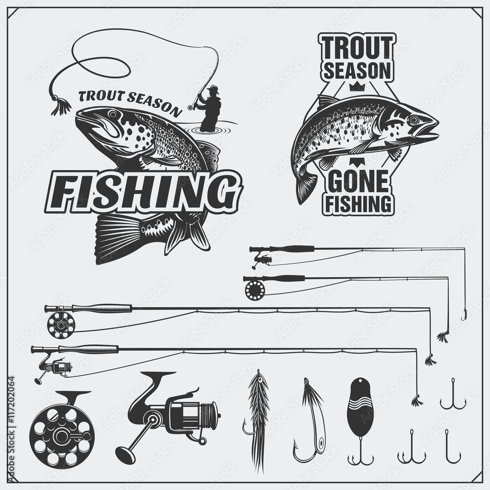 Fishing set. Vintage fishing labels and emblems. Fishing equipment, hooks  and lures. Stock Vector