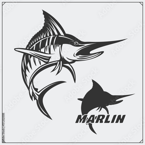 Vector illustration of a marlin fish and fishing design elements.