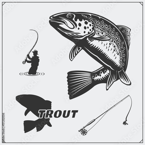 Vector illustration of a trout fish and fishing design elements.