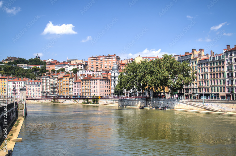 Naklejka premium Colorful houses on the banks of the Saone river in Lyon, France 