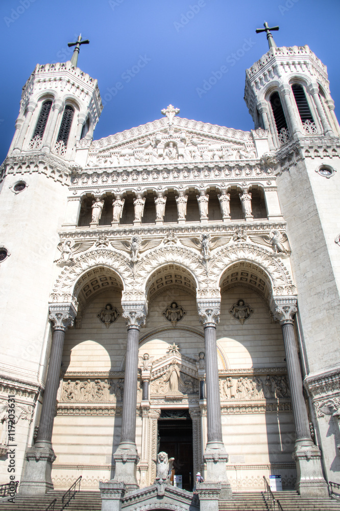The impressive facade of the Basilica of Notre Dame de Fourvière in Lyon, France
