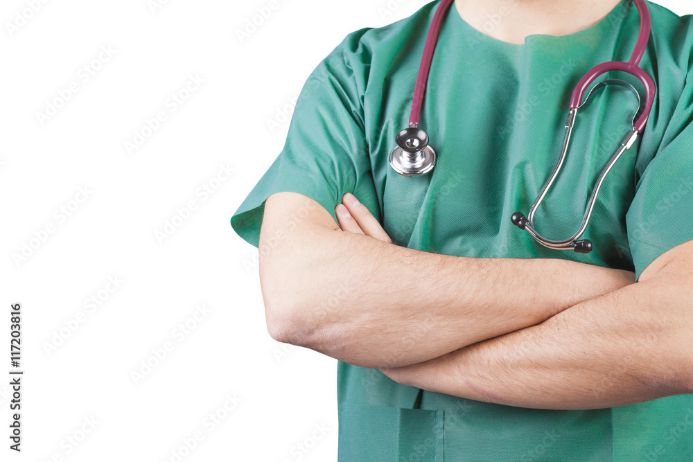 Doctor with a stethoscope standing with arms crossed on white ba Doctor with a stethoscope standing with arms crossed on white ba