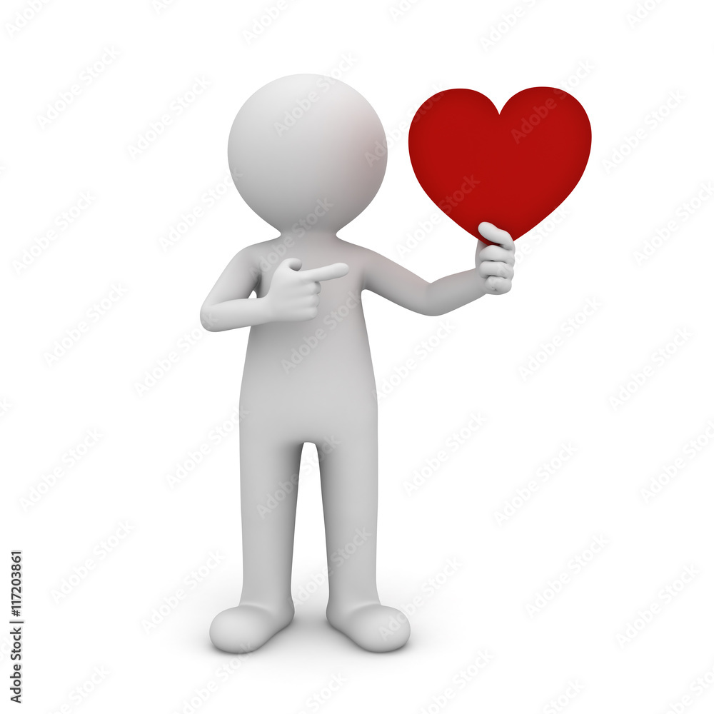 3d man standing and holding red heart isolated over white background 3d man standing and holding red heart isolated over white background