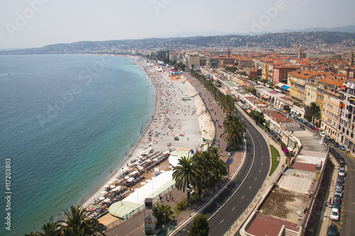 The Promenade d'Anglais of Nice in France seen from above with the beach and sea next to it   © waldorf27