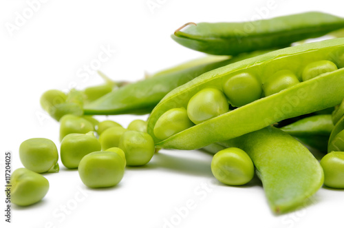 Pods of green peas isolated on a white background. Green, ripe, fresh vegetables. Legumes.