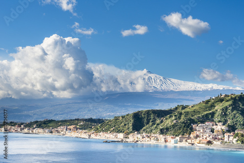 Mount Etna. Winter view from Taormina. Giardini Naxos. Province of Messina. Sicily, Italy.