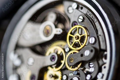 Vintage watch, close-up of wheels and cogs. © Alex Yeung