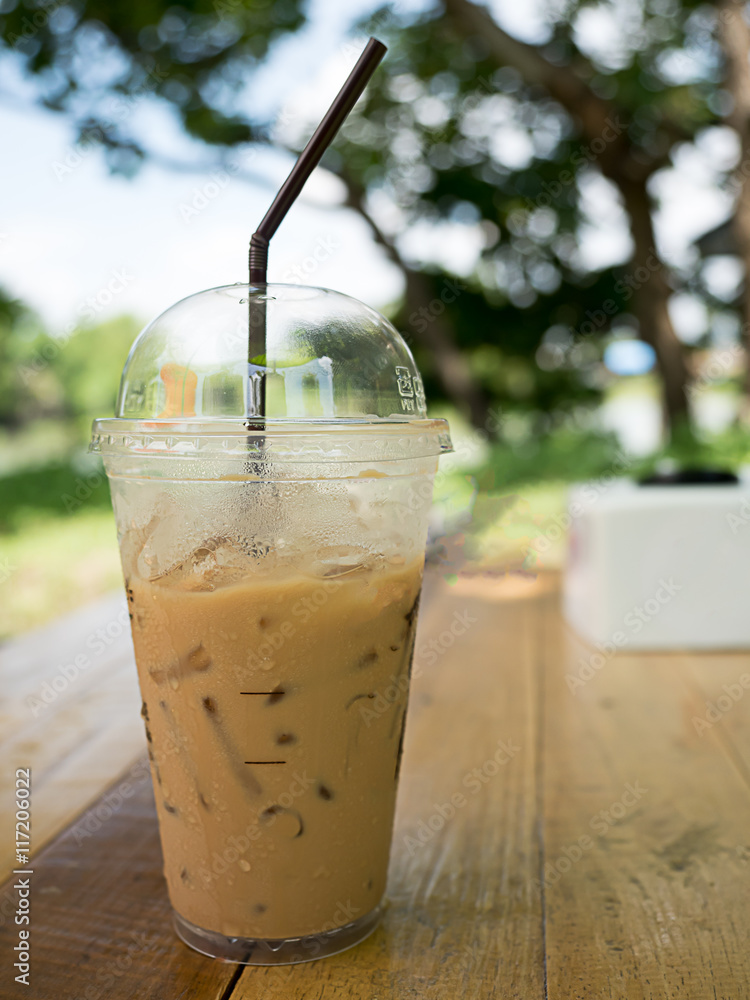 ice coffee on wooden in the garden ice coffee on wooden in the garden