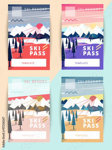 Set of vector ski pass template design. Trendy colorful mountain background photo