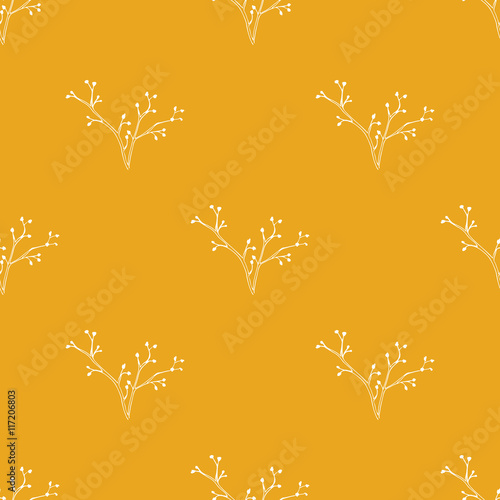 Vector seamless pattern with hand drawn floral elements. Botanical background in mustard color. Fabric textile design.