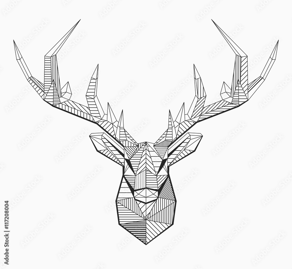 Vector low poly line art. Geometrical reindeer illustration. Geometric zentangle animal. Ornamental stag head. 