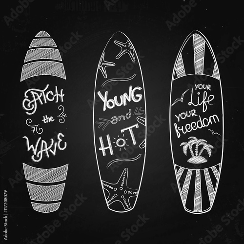Canvas Print Vector illustration of surfing boards with lettering on the chalkboard
