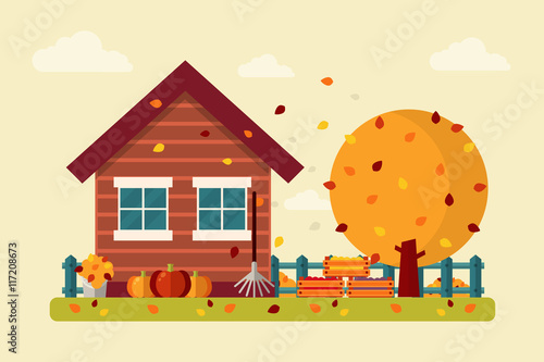 Fototapeta Naklejka Na Ścianę i Meble -  Autumn Landscape with Wooden House, Tree, Pumpkins, Leaves, Fruit and Rake. Flat Design Style. 