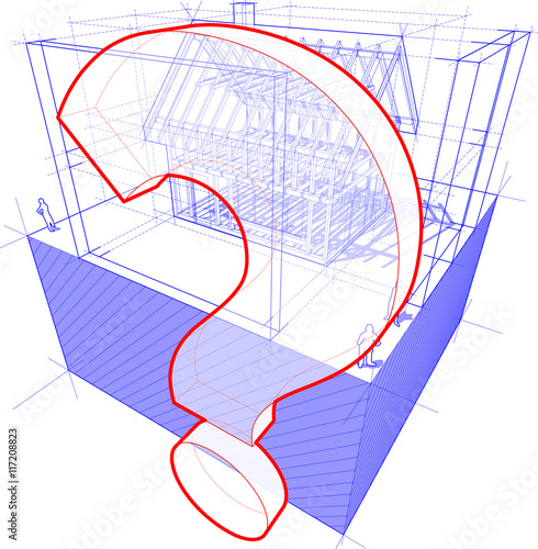3d illustration of diagram of a framework construction of a detached house with 3D dimensions and question mark symbol