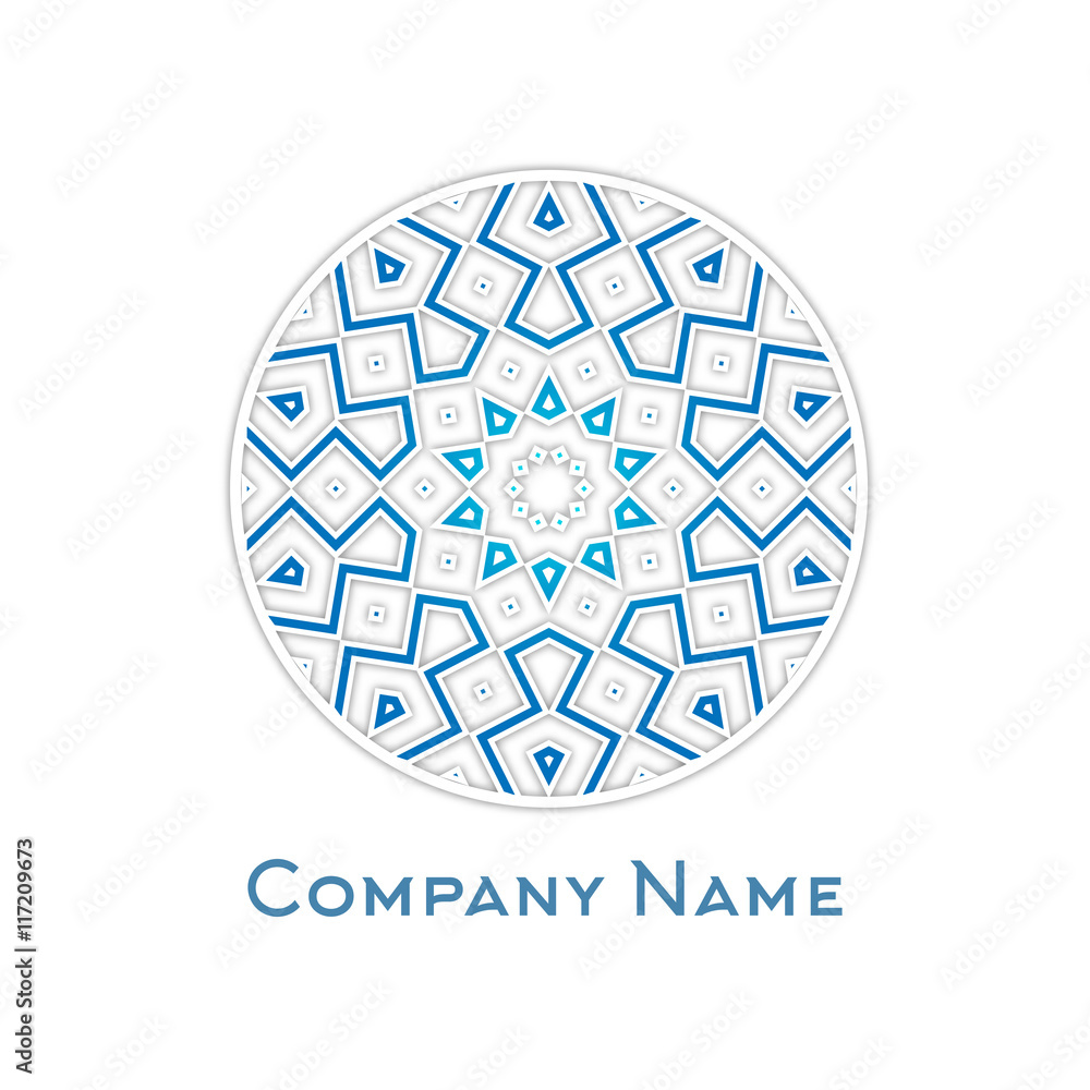 Vector abstract ornamental round icon, logo isolated in blue colors.