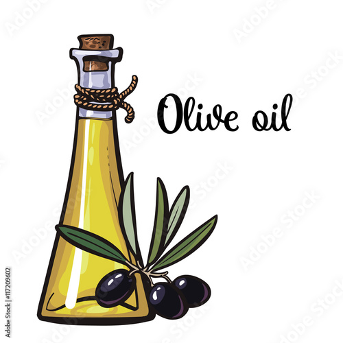 olive oil bottle with black olives isolated sketch style vector illustration on white background. beautiful realistic traditional oil bottle
