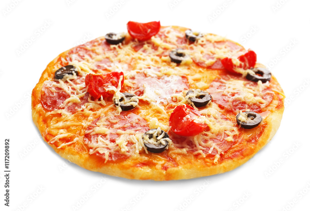 Tasty pizza with olives, isolated on white