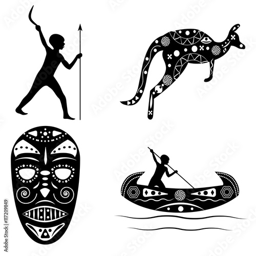 Black - white silhouettes of traditional Australian shaman mask,