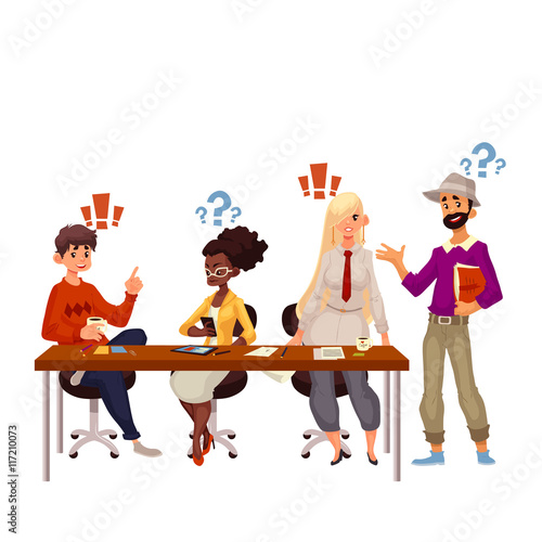 Young creative business people discussing ideas in office, sketch style vector illustration. Multiethnic group of young people working together at the table, office teamwork, creative process