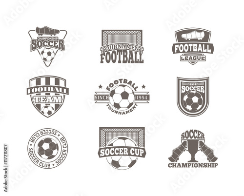 Set of european football, soccer labels, emblems and design championship elements. Vector set of soccer logo football tournament icon symbol. Soccer logo team emblem badge sport competition.