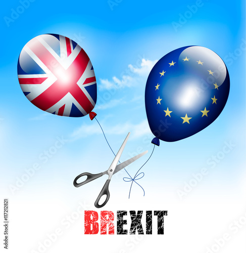 Brexit concept. Scissors cutting EU and UK balloons away from ea