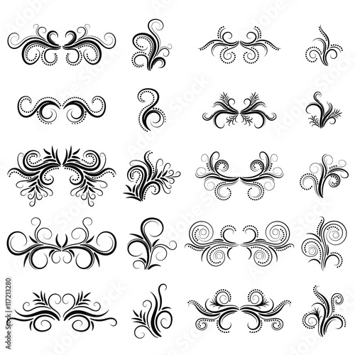 Abstract black curly design element set isolated on white background. Black dividers. Swirls. Vector illustration.