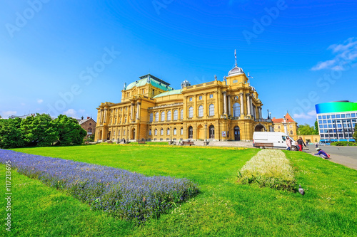 Landscape view of beautiful garden in spring and national theatre of Zagreb in Croatia