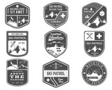 Ski Club, Patrol, Campsite Labels Collection. Vintage Mountain, winter sports explorer badges Outdoor adventure logo design. Travel and hipster monochrome insignia Snowboard icon symbol. Vector patch