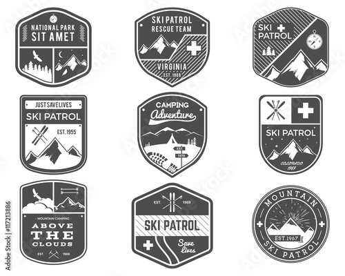 Ski Club, Patrol, Campsite Labels Collection. Vintage Mountain, winter sports explorer badges Outdoor adventure logo design. Travel and hipster monochrome insignia Snowboard icon symbol. Vector patch