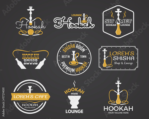 Hookah labels, badges and design elements set. Vintage monochrome shisha logo, yellow palette. Lounge cafe emblems.  Arabian bar or house, shop. Isolated vector illustration.
