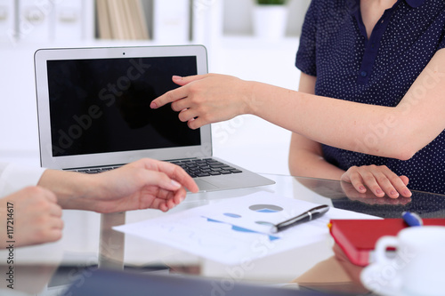 Group of business people at meeting  discussing financial results. Women pointing into laptop computer monitor
