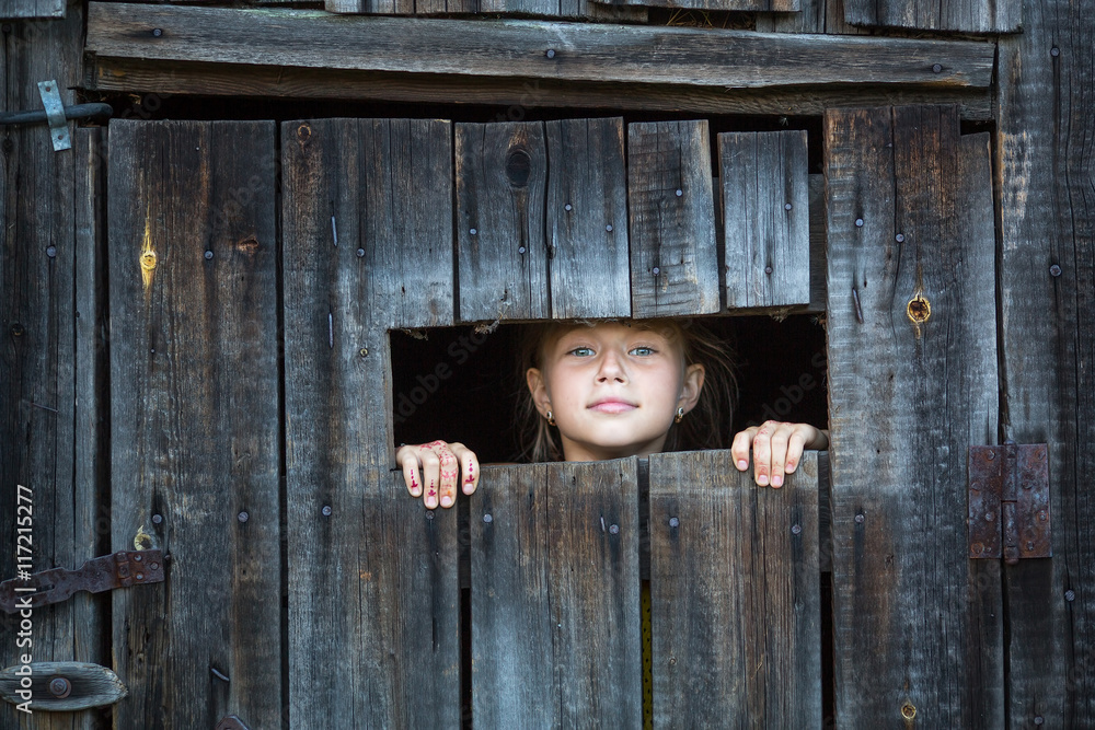Little girl peeping from the window of the rustic barn. Little girl peeping from the window of the rustic barn.